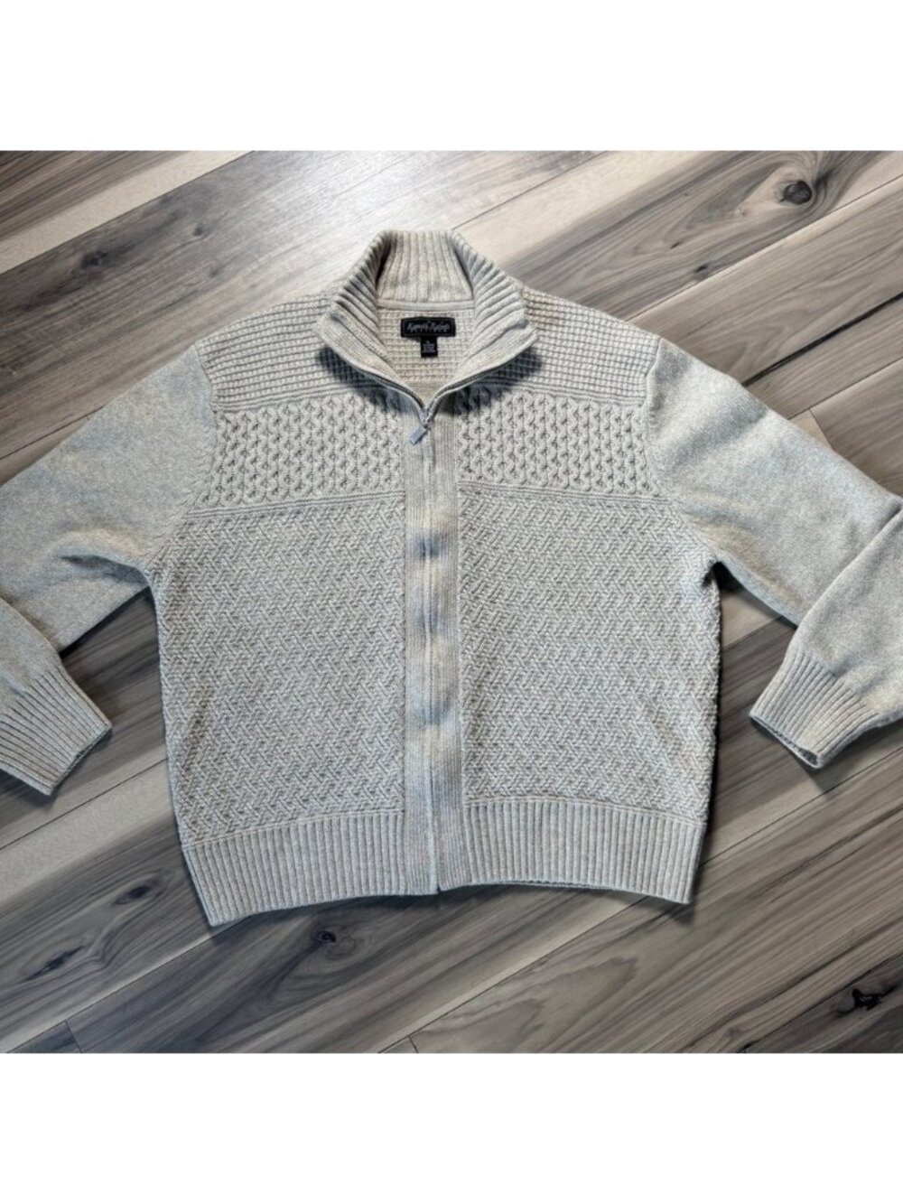 Kenneth Roberts Platinum Mens XL Full Zip Sweater Beige Cotton Wool Blend Knit
